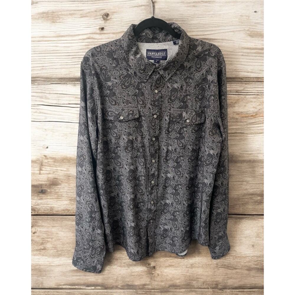 NWT Panhandle‎ Western Shirt PearlSnap Size L Gray Paisley LSleeve Market Sample